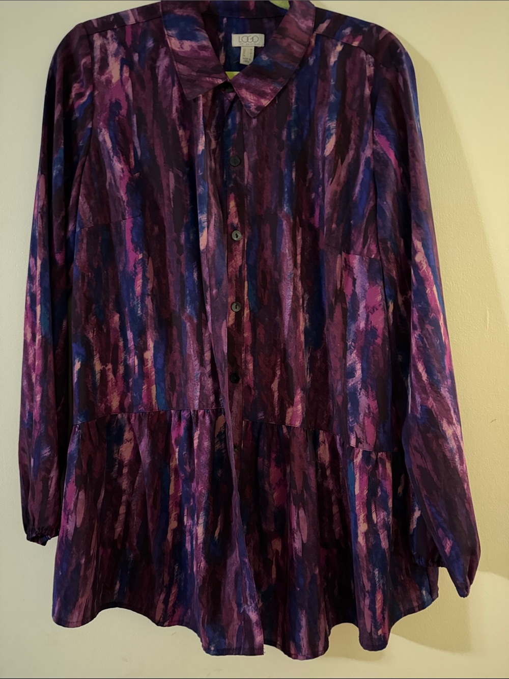 LOGO by Lori Goldstein Purple Multi Brushstroke Peplum Blouse